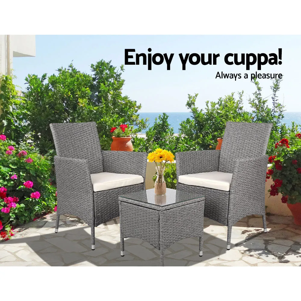 3 Piece Wicker Outdoor Chair Side Table Furniture Set - Grey