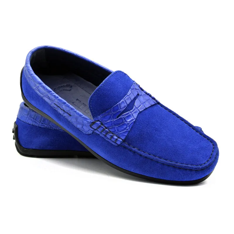 31-160-BLU MONZA Sueded Calfskin with Crocodile Driver, Royal Blue