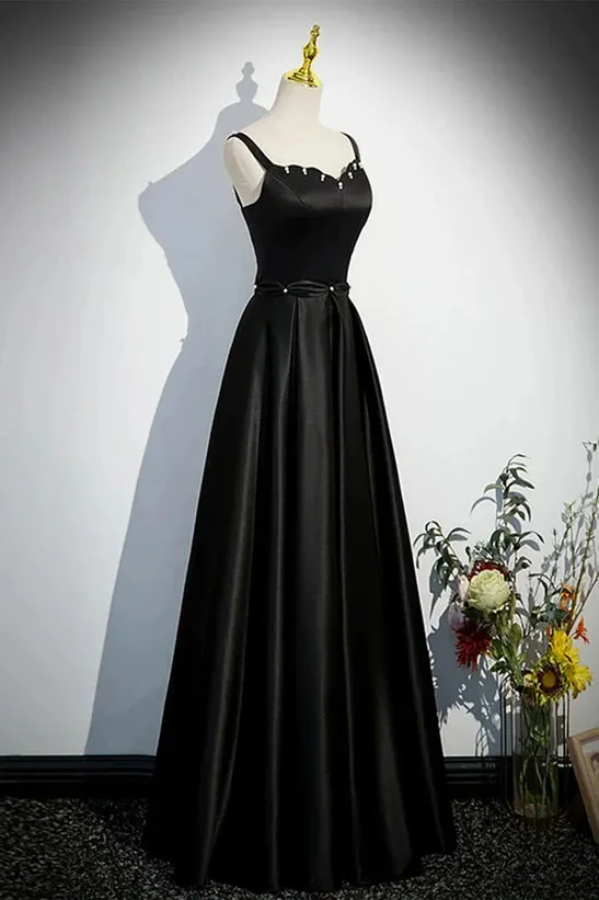 A-line Black Satin Straps Long Formal Dress Simple Prom Dress