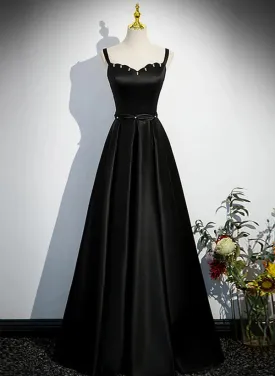 A-line Black Satin Straps Long Formal Dress Simple Prom Dress