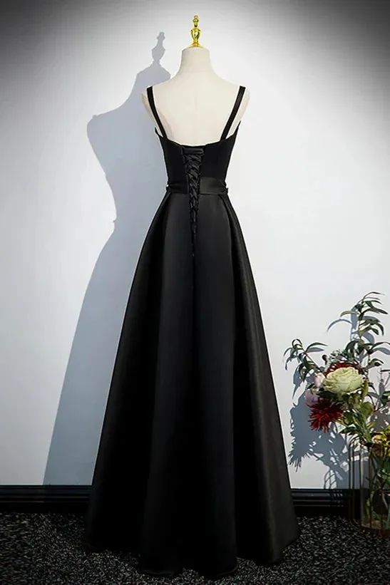 A-line Black Satin Straps Long Formal Dress Simple Prom Dress