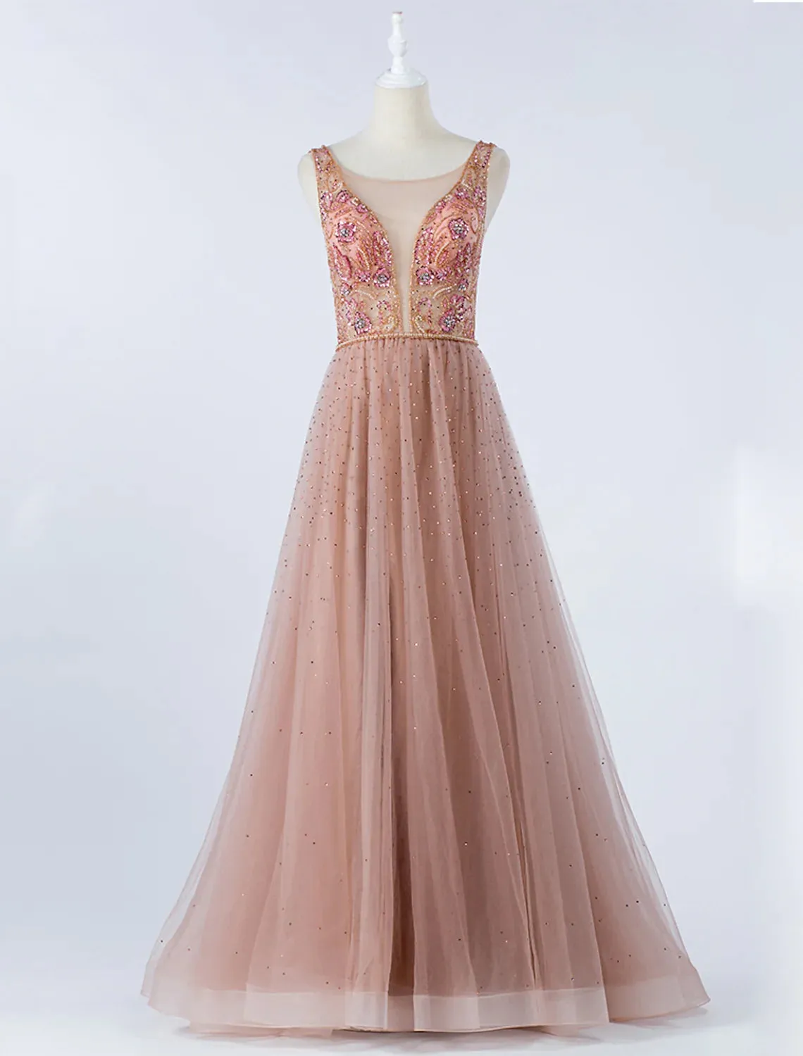 A-Line Luxurious Prom Formal Evening Dress Illusion Neck Backless Sleeveless Floor Length Tulle with Crystals Beading