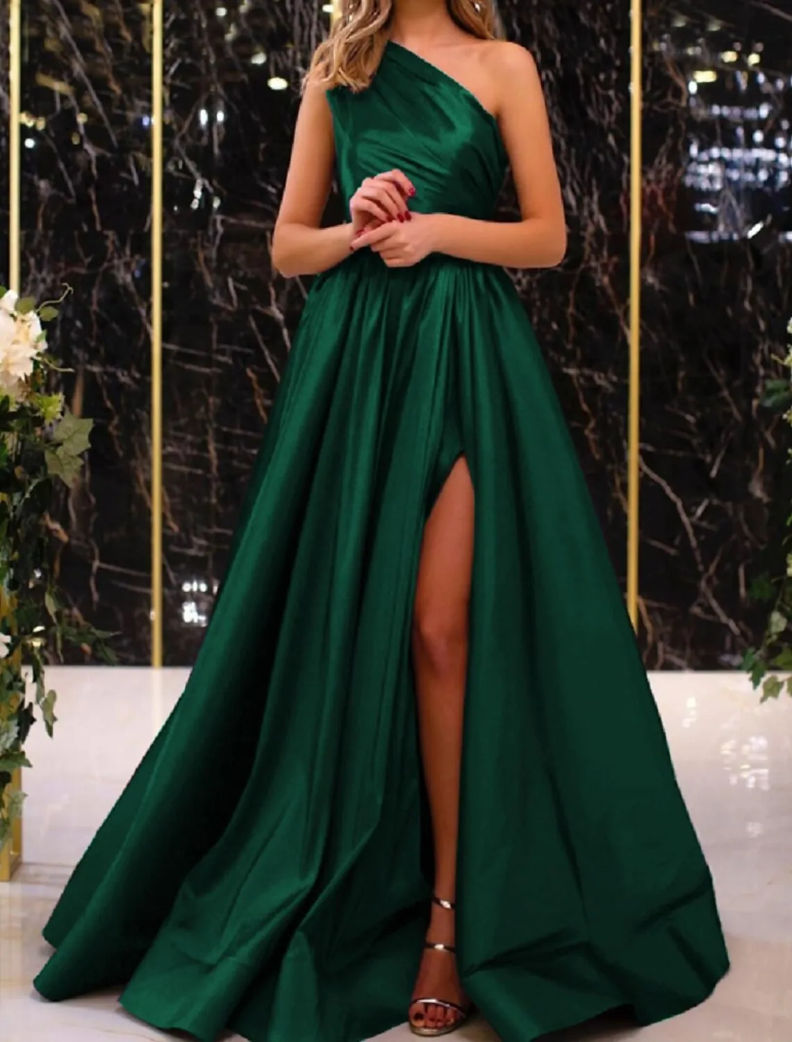 A-Line Minimalist Elegant Engagement Formal Evening Birthday Dress One Shoulder Sleeveless Floor Length Satin with Pleats Slit