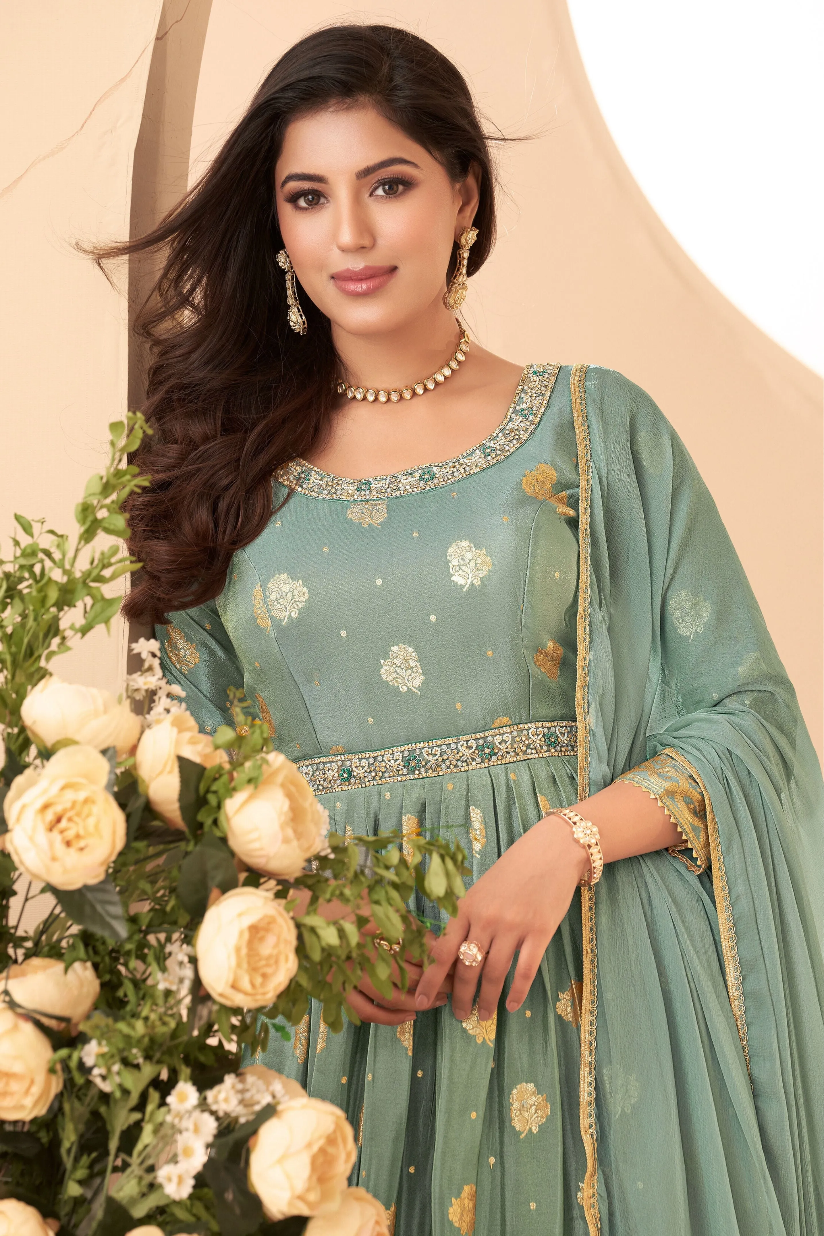 Aqua Pearl Embellished German Silk Anarkali Set