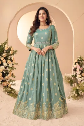 Aqua Pearl Embellished German Silk Anarkali Set