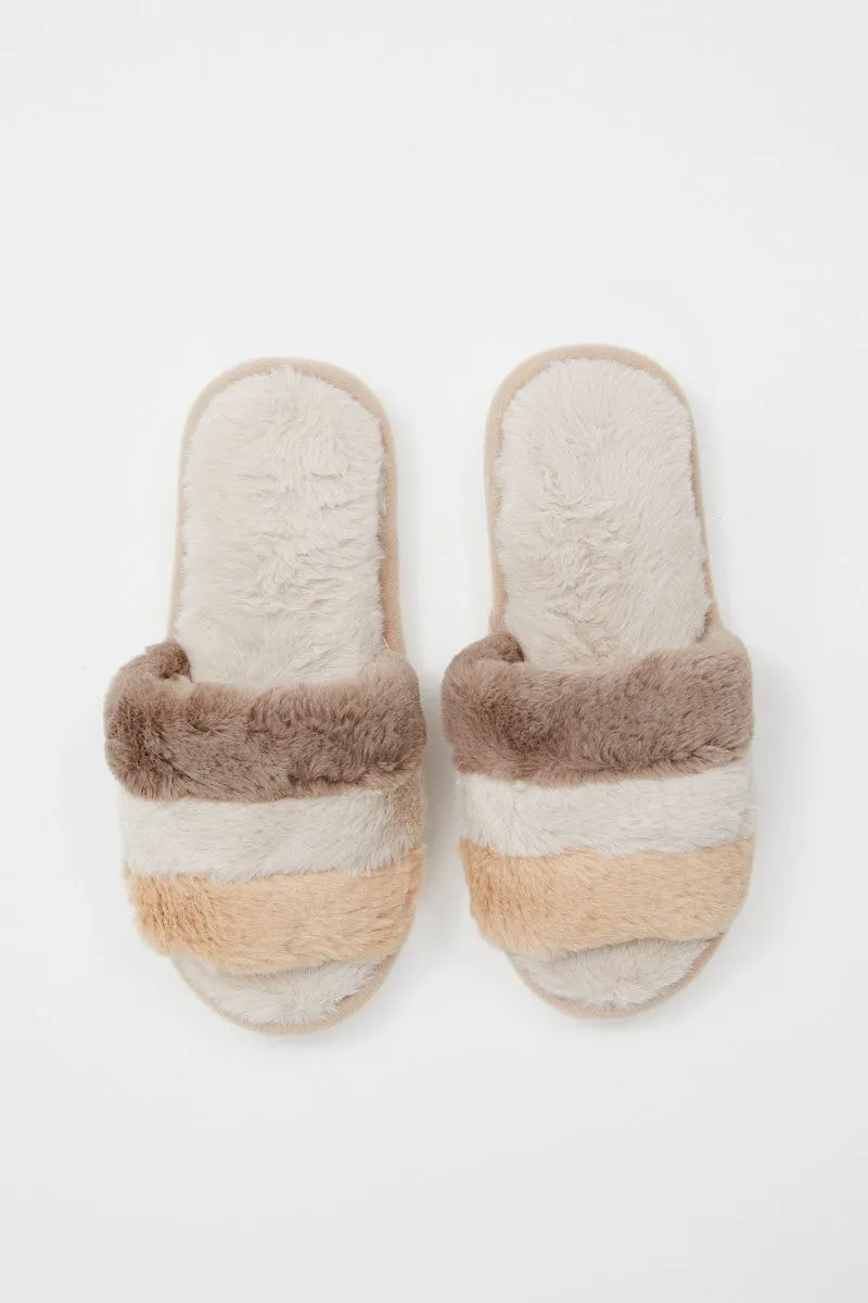 Beige Plush Faux Fur Stripe Mule Slippers