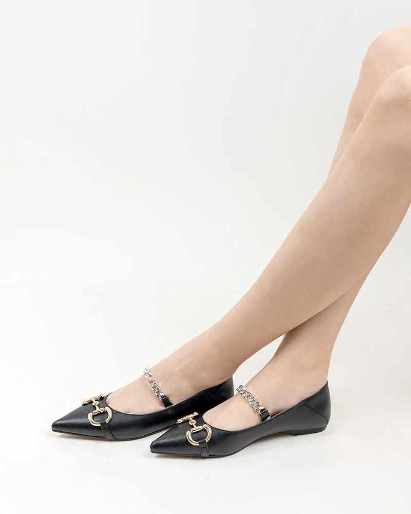 (Clean Up - US 8) Classic Metal Buckle Chain Decor Leather Pointed Toe Flats