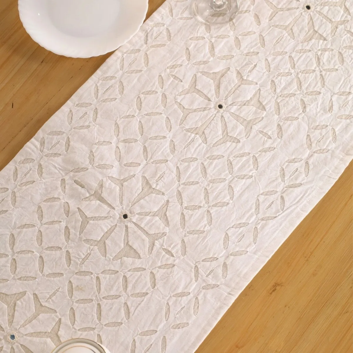 Dining Table Runner In Lily White Applique Cutwork Cotton With Mirrors | Handmade In India