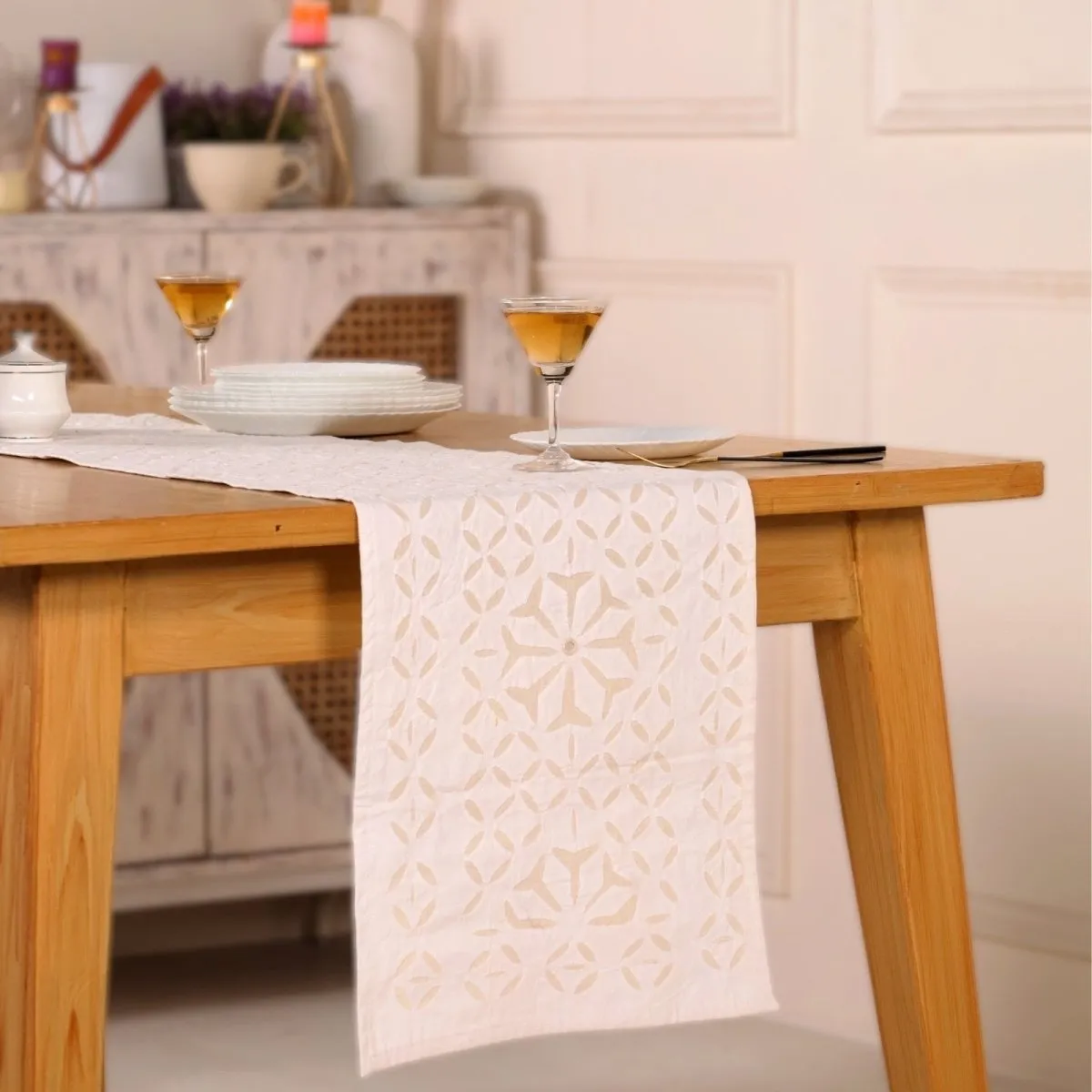 Dining Table Runner In Lily White Applique Cutwork Cotton With Mirrors | Handmade In India