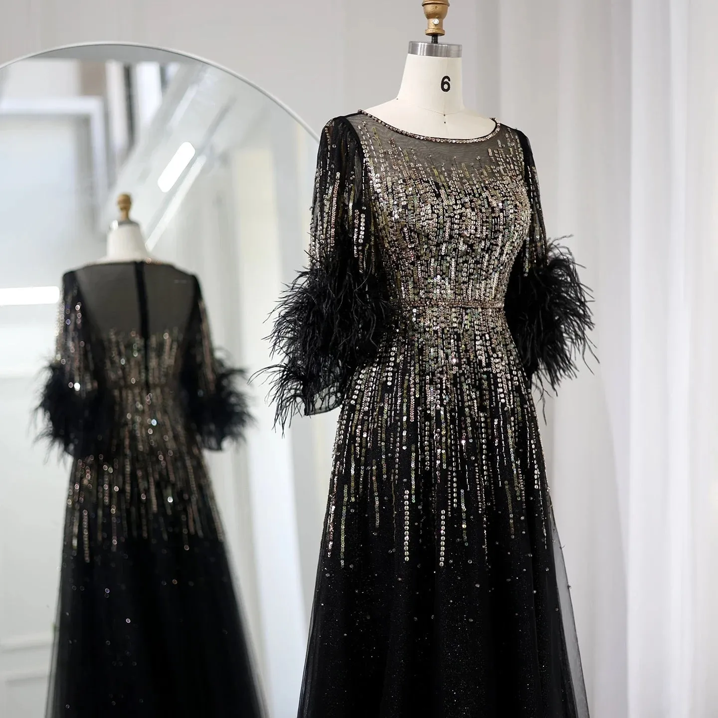 Elegant Hand Beaded Work Half Sleeve Evening Dress