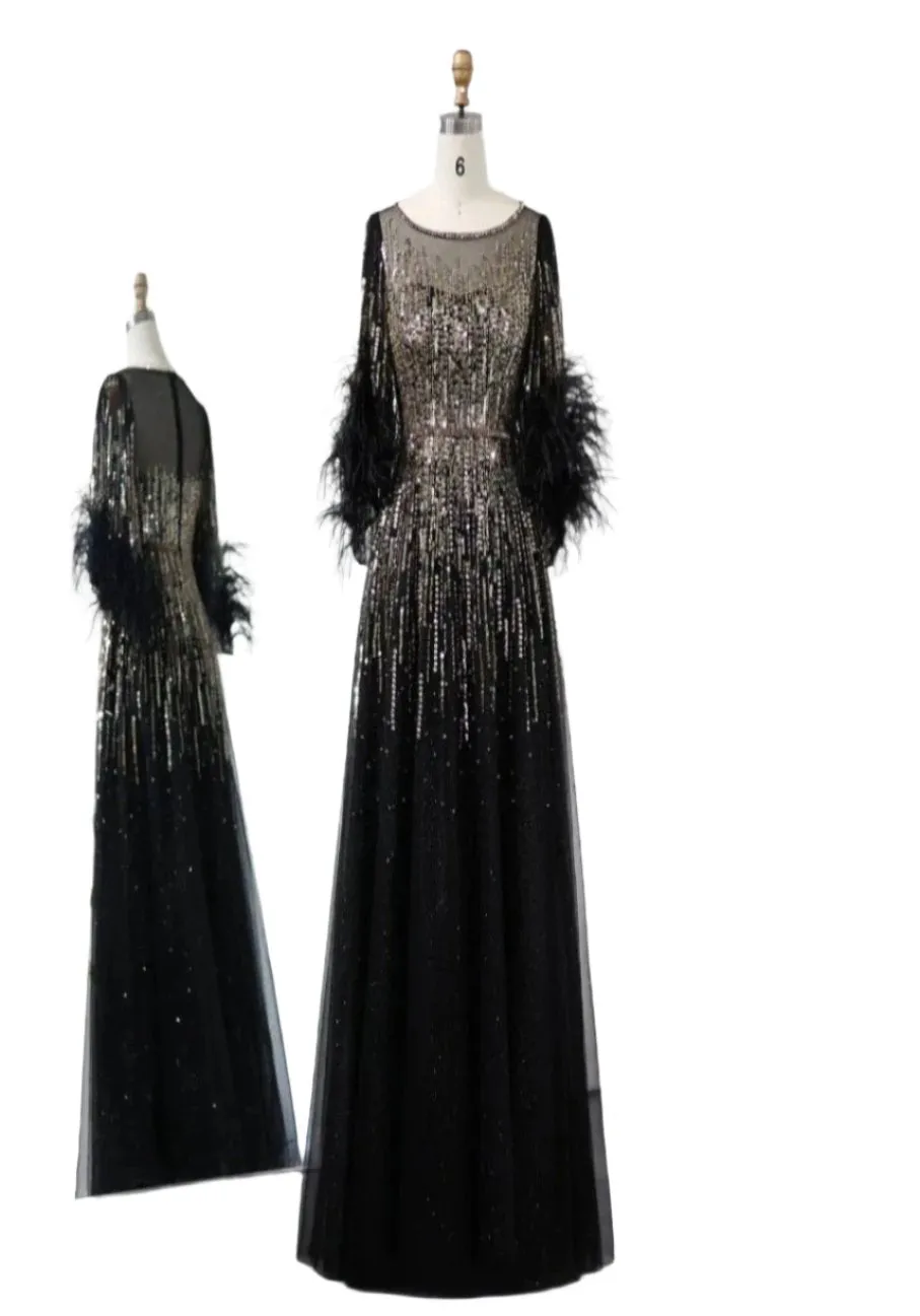 Elegant Hand Beaded Work Half Sleeve Evening Dress