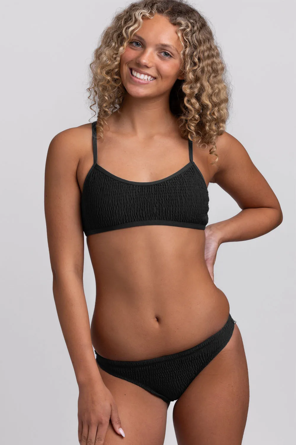 Europe Smocked Bikini Bottom - Black