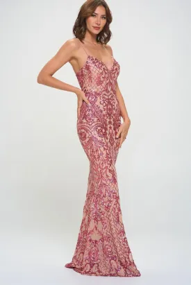 Eva Sequin Mermaid Maxi - Hot Pink & Nude