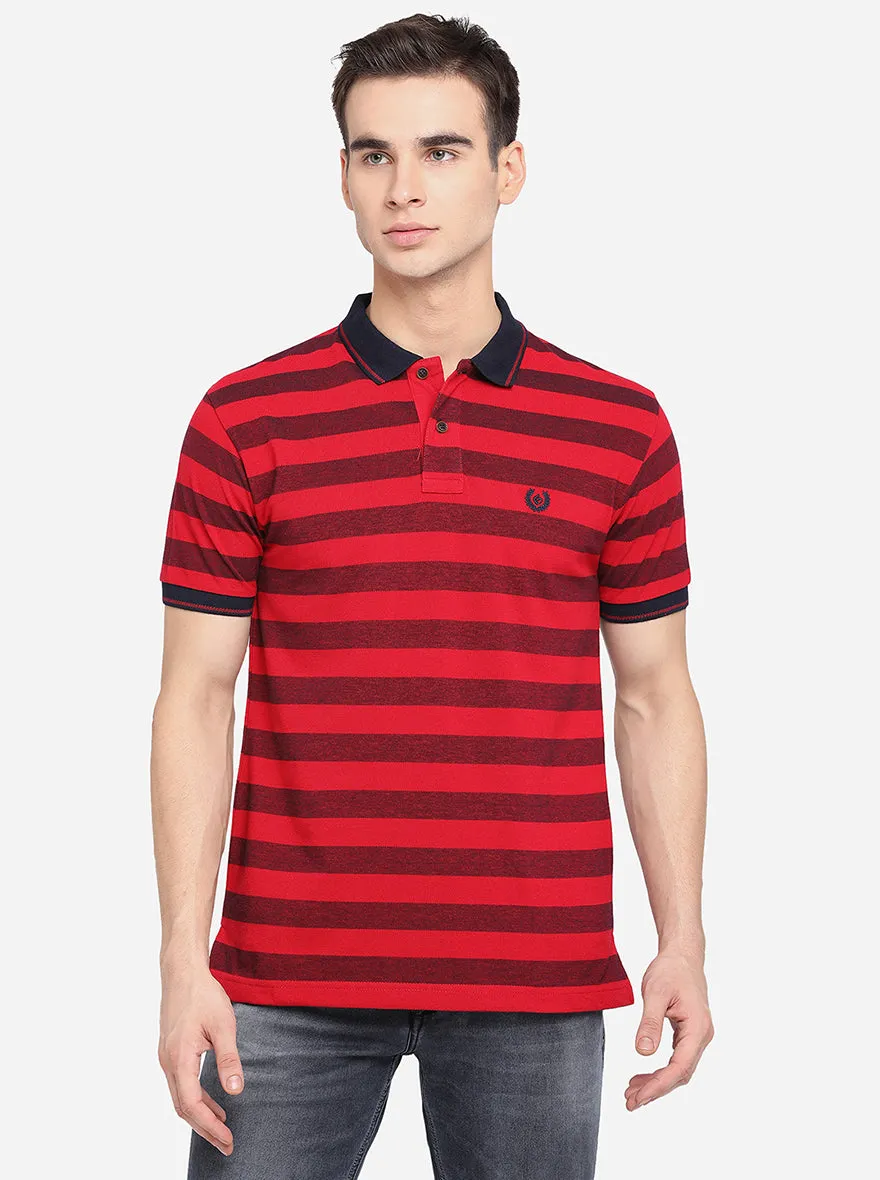 Maroon & Red Striped Slim Fit Polo T-Shirt | Greenfibre