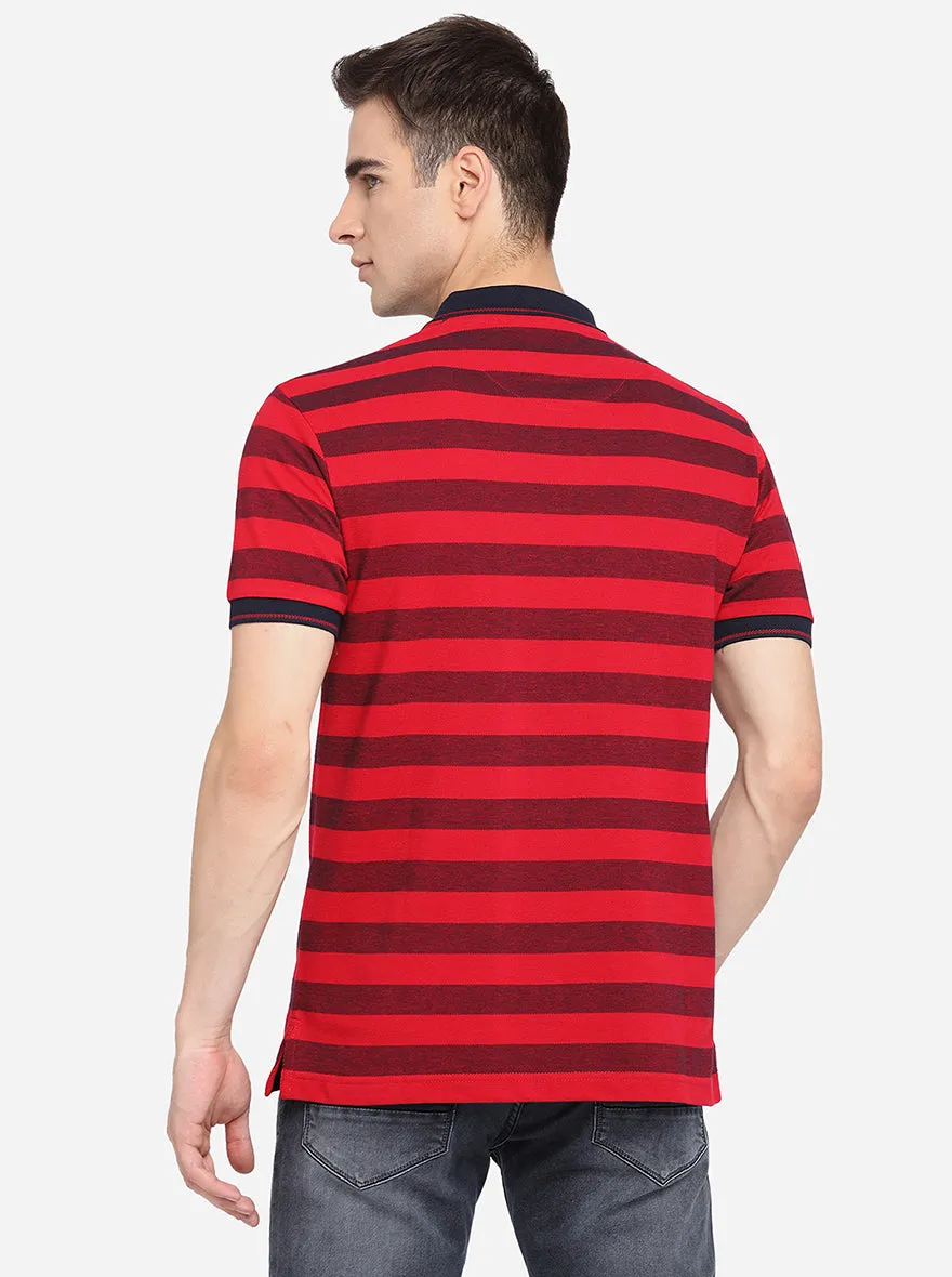 Maroon & Red Striped Slim Fit Polo T-Shirt | Greenfibre