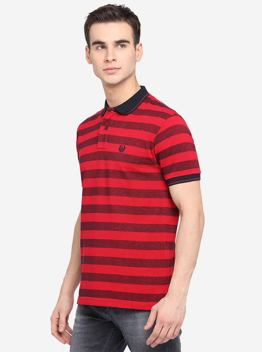 Maroon & Red Striped Slim Fit Polo T-Shirt | Greenfibre