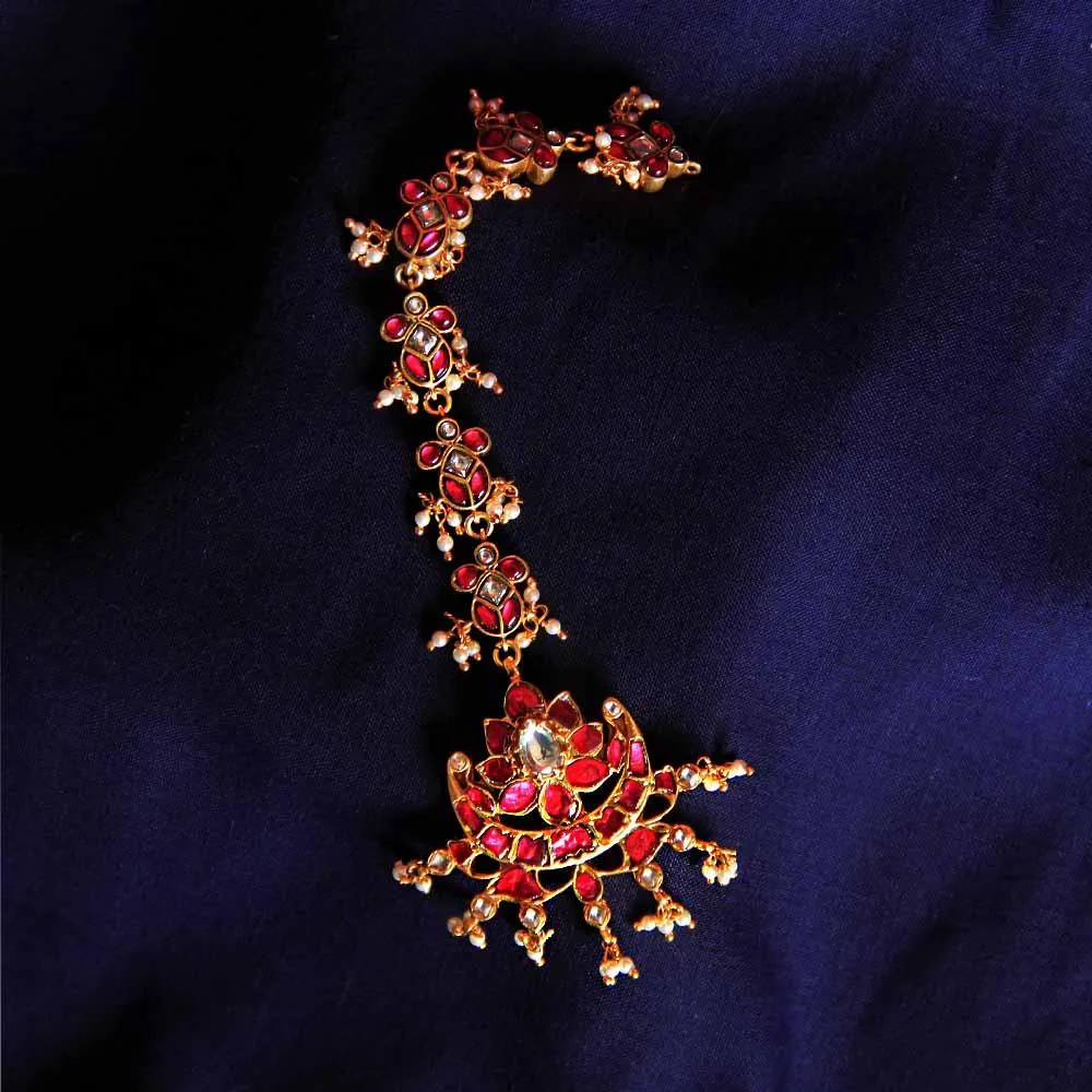 Red Kundan Gold Plated Silver Maangtikka