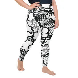 Women's Black and White Graffiti Clouds Plus Size Yoga Pants Workout Leggings For Jiu Jitsu 001